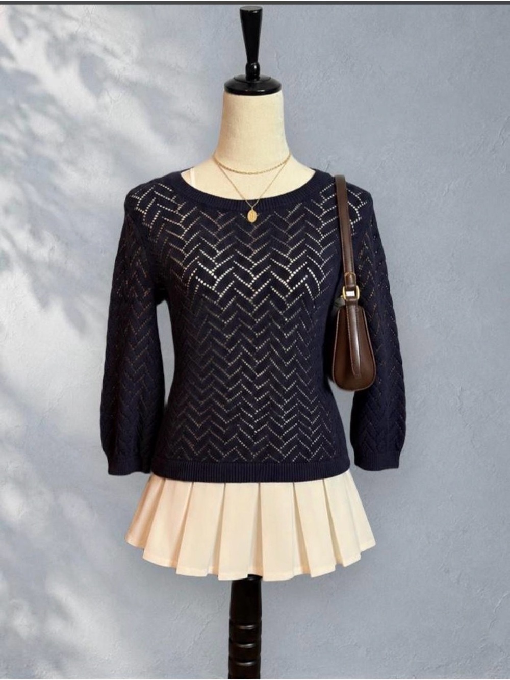 Talbots Navy Chevron Pointelle Cotton Linen Sweater S Coastal Preppy Open Knit